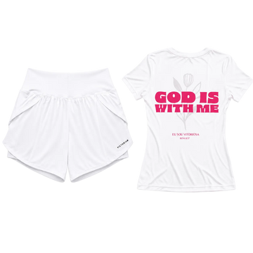 Camisa God is with me branca + short duplo feminino branco