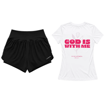Camisa God is with me branca + short duplo feminino preto