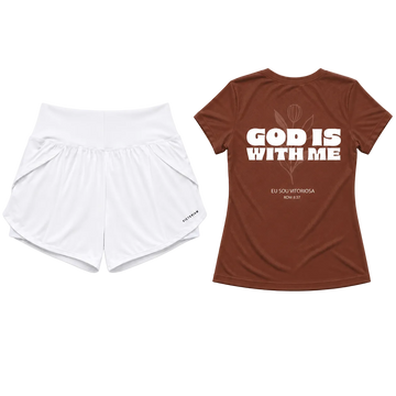 Camisa God is with me marrom + short duplo feminino branco