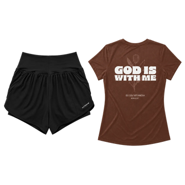 Camisa God is with me marrom + short duplo feminino preto