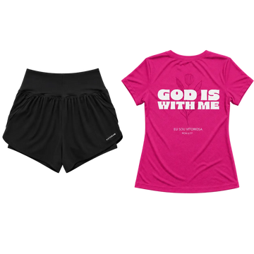 Camisa God is with me rosa + short duplo feminino preto