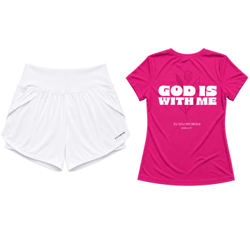 Camisa God is with me rosa + short duplo feminino branco